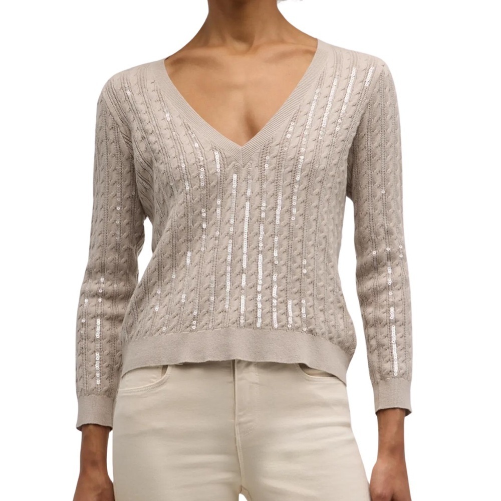 NWT L'AGENCE Trinity Sequin Cable-Knit Sweater Large L Pale Neutral Fall Staple